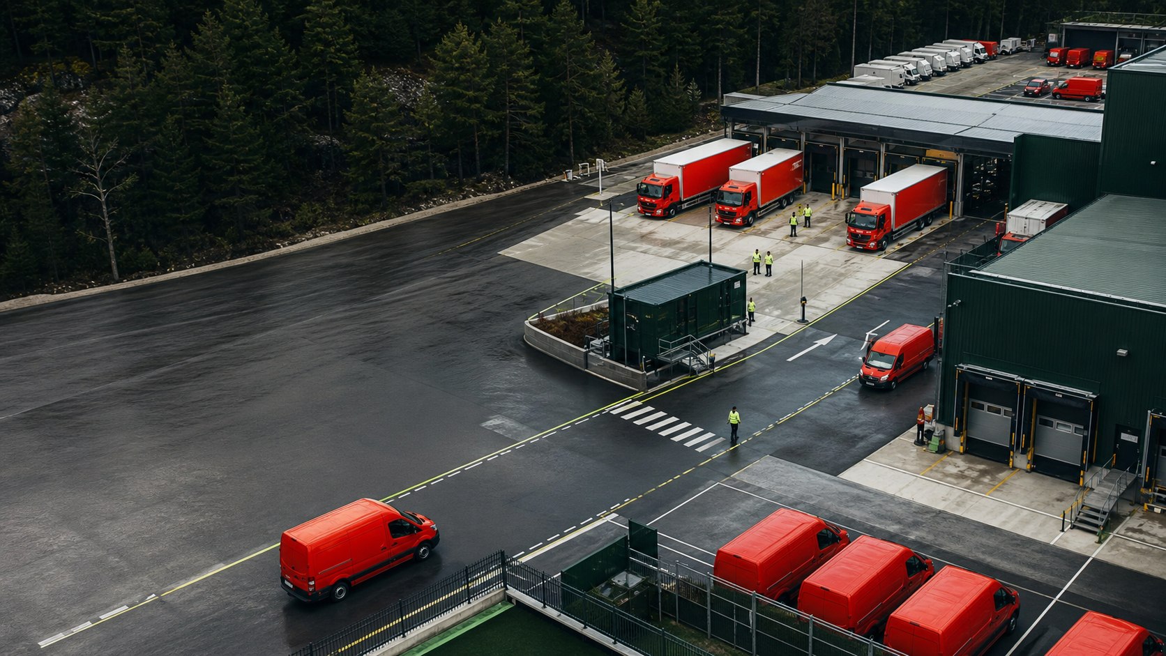 Norsk transportdepot med biler og personell i drift